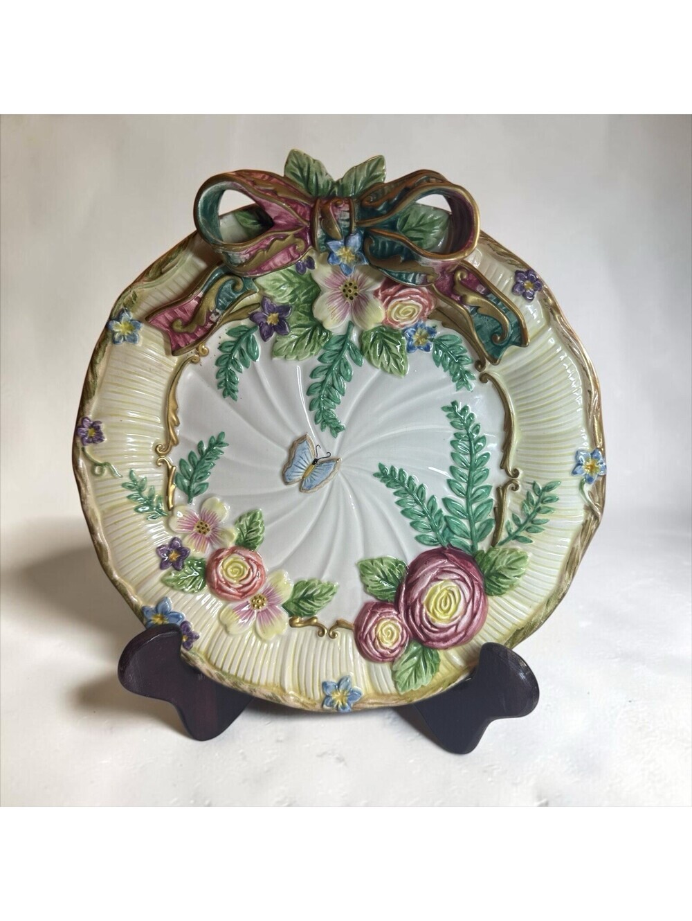 Fitz And Floyd 3D Woodland Spring Floral Butterfly Canapé Plate With Bow 9"